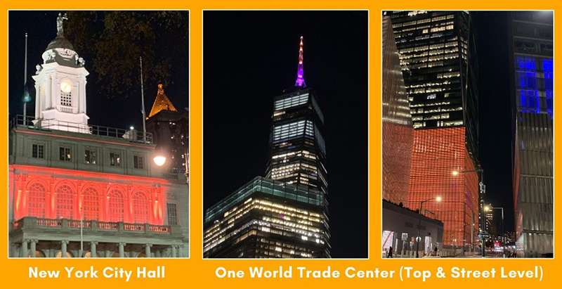 NYC City Hall and One World Trade Center lit up orange for NYC Go Orange Day on November 27, 2023, to raise awareness about the 16 Days of Activism Against Gender-Based Violence campaign.