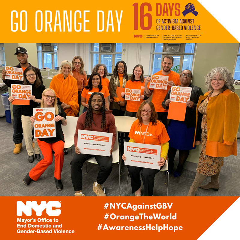 NYC Mayor’s Office to End Domestic and Gender-Based Violence wear orange on November 27, 2023, for NYC Go Orange Day to raise awareness about the 16 Days of Activism Against Gender-Based Violence campaign.