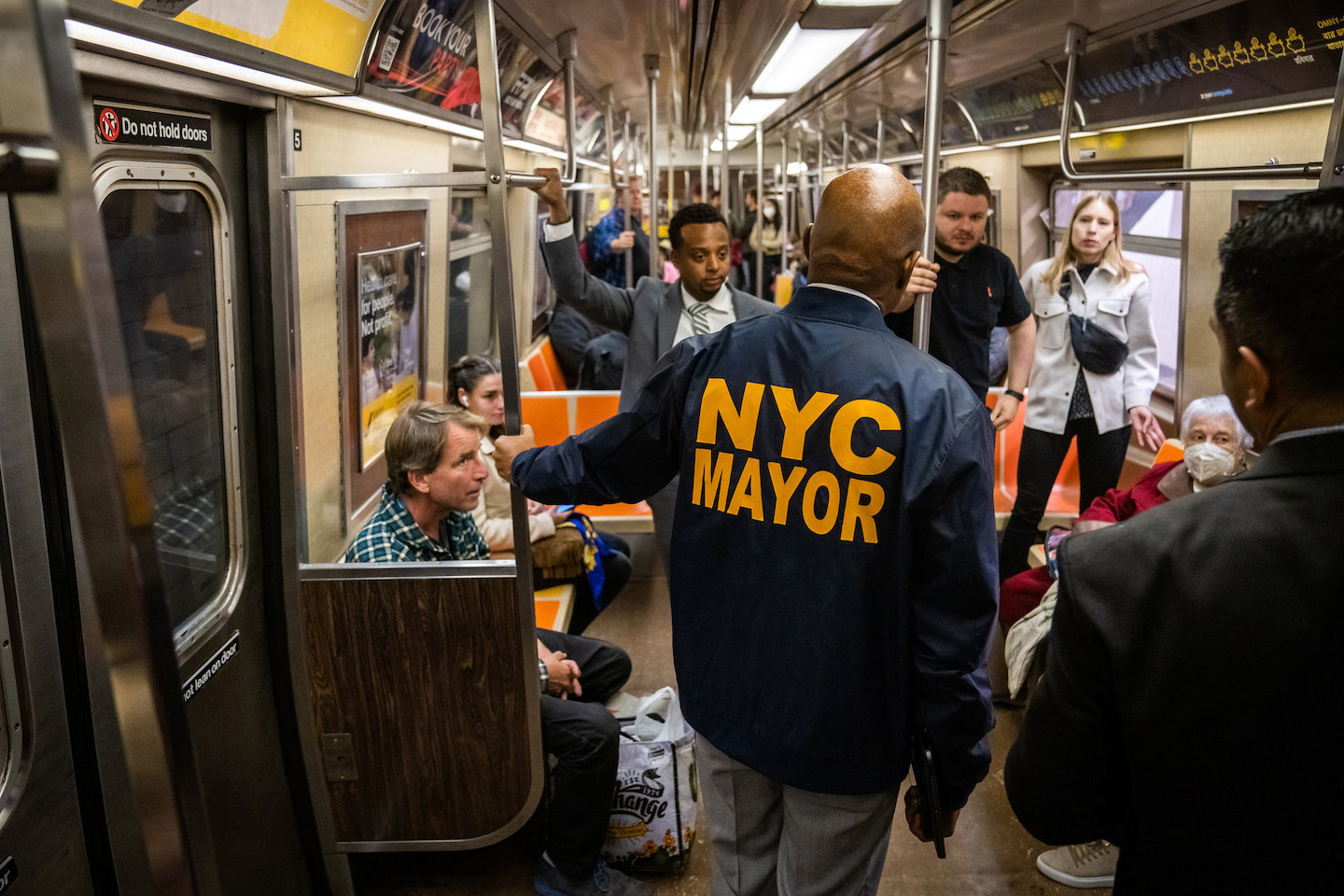 Mayor Adams inside a subway car.