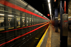 Light trails from a speeding subway car