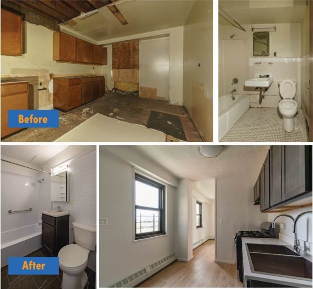 Before and after interior renovations at Armstrong II (top) and Williams Plaza (bottom). Photos provided by the Brooklyn Bundle PACT partner team.