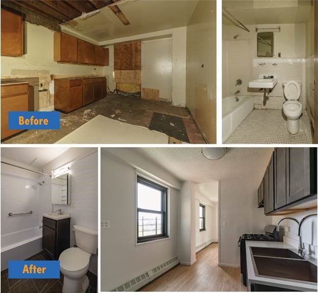 Before and after interior renovations at Armstrong II (top) and Williams Plaza (bottom). Photos provided by the Brooklyn Bundle PACT partner team.