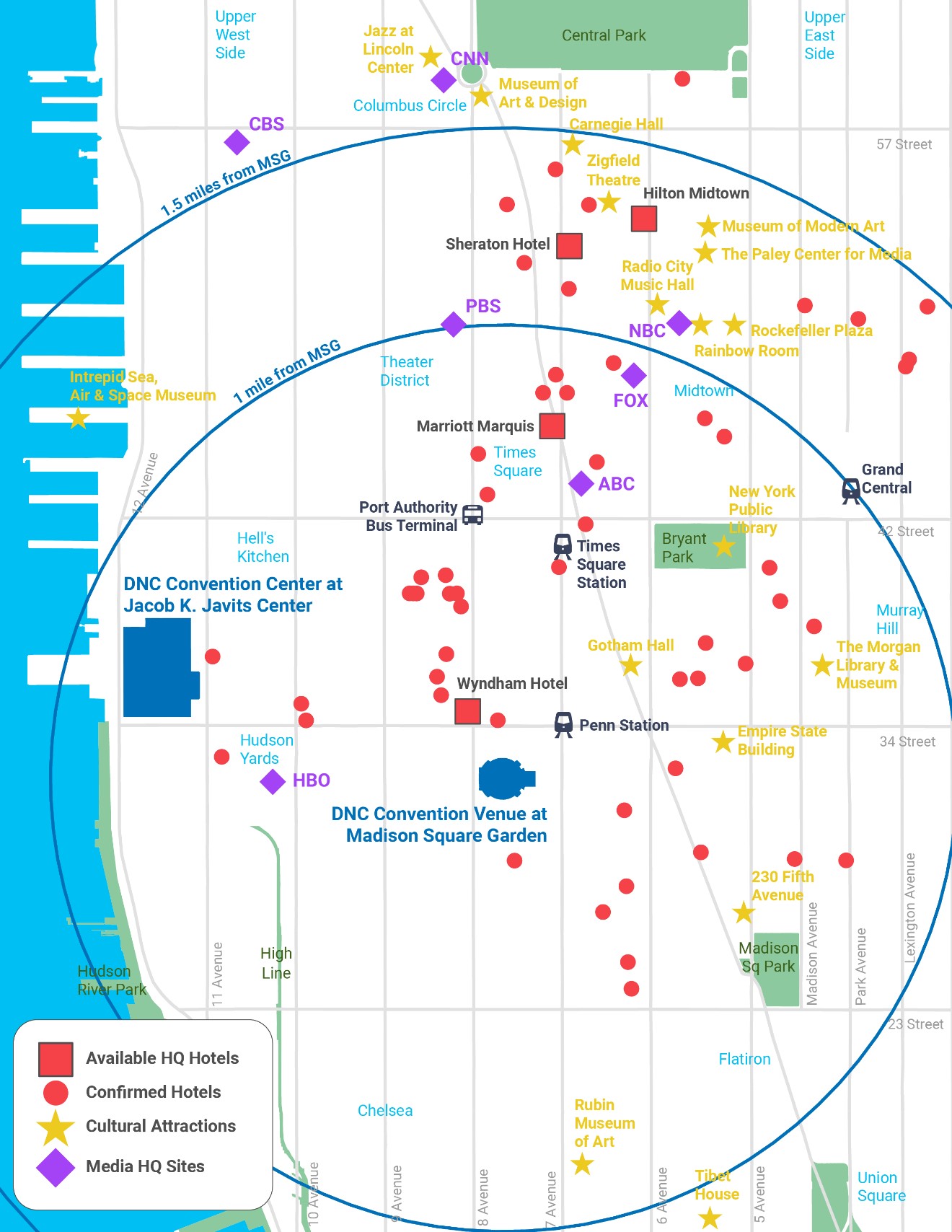 A map of the hotels, amenities, and other landmarks in the neighborhood immediately surrounding Madison Square Garden, the primary venue in the city's 2024 DNC bid (credit: New York City Mayor's Office)