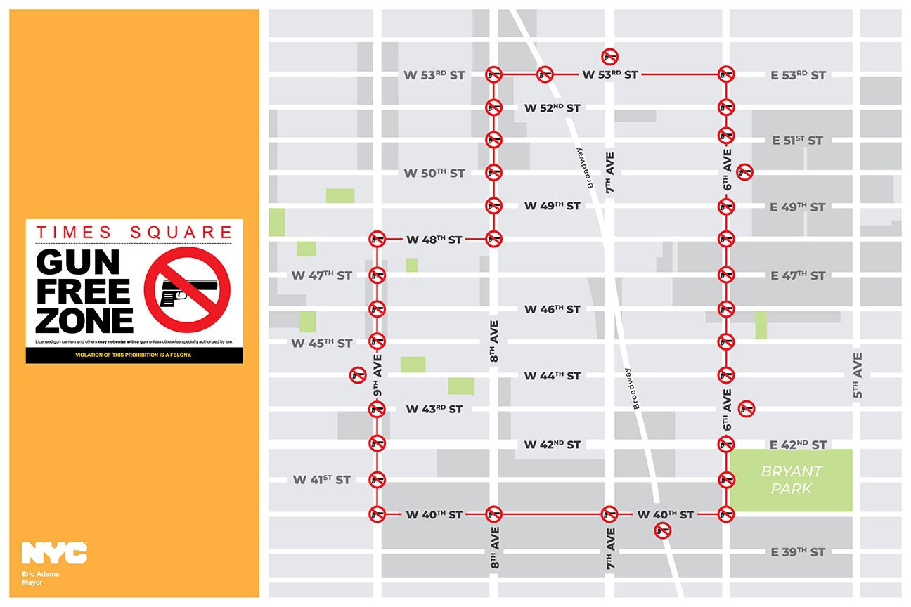 Left: The temporary signage that will be posted around Times Square, starting Thursday, September 1st. Right: The boundary of the Times Square “sensitive location” defined under the law, and the locations where signs will be placed. 