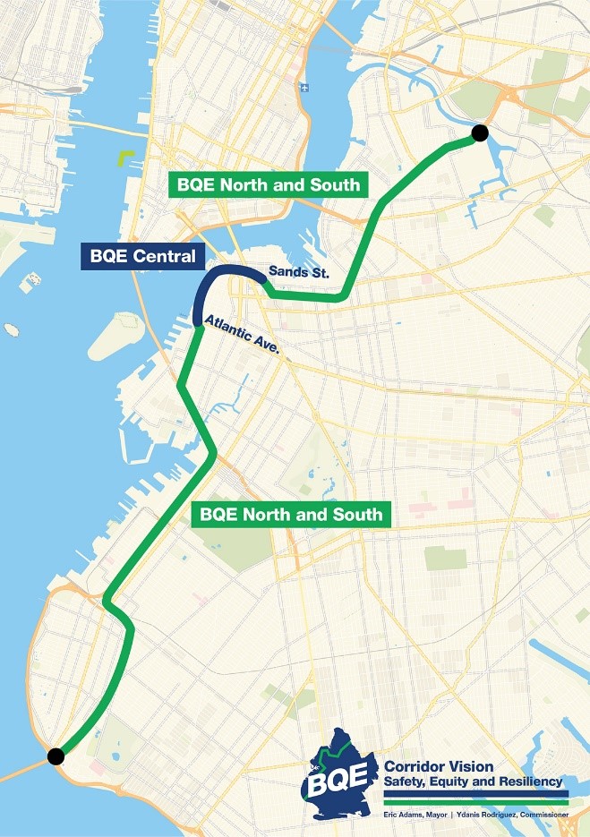 A map of Brooklyn with the BQE North and South highlighted in green, and BQE Central highlighted in dark navy blue, which starts fromt Atlantic Avenue to Sands Street.