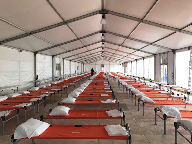 A past example of what the inside of a Humanitarian Emergency Response and Relief Center will look like that would only shelter single adults. Families would be sheltered in a humanitarian relief center with a different setup.