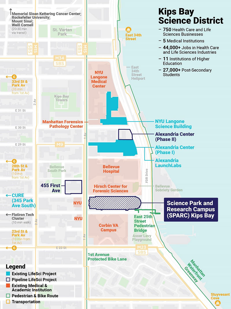 Map of the Kips Bay Science District, including the SPARC Kips Bay campus. Courtesy: New York City Economic Development Corporation