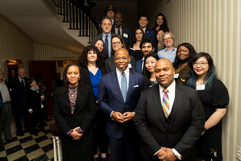 Mayor Adams, First Deputy Mayor Sheena Wright, and CTO Fraser with this year’s Hayes Prize winners. Credit: New York City Mayor’s Office