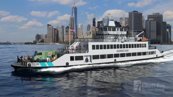 External rendering of the new, hybrid Governors Island Ferry. Credit: Elliott Bay Design Group