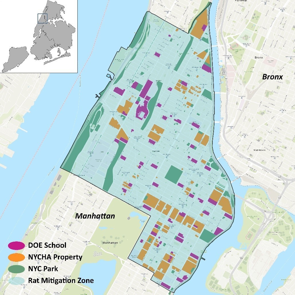 A map of Harlem with a highligthed zone that shows the Rat Mitigation Zone, which in cludes DOE Schools, NYCHA Property and NYC Parks