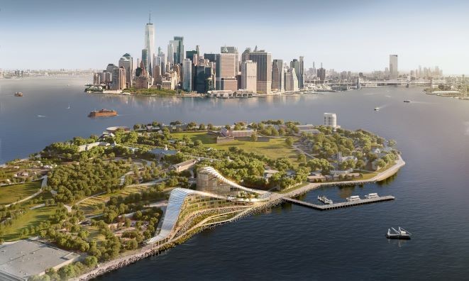 Aerial view of the Exchange, showing the iconic forms designed to evoke the dramatic landscapes and hills of Governors Island. Credit: Skidmore, Owings & Merrill