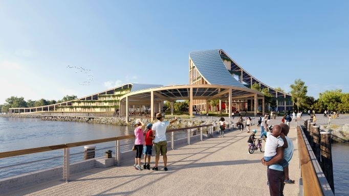 Renovated Yankee Pier leading toward a new public plaza and new mass timber academic and research buildings at the Exchange. Credit: Skidmore, Owings & Merrill