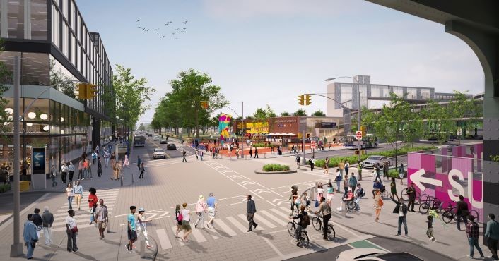 Illustrative rendering of new Broadway Junction Plaza; view from west Van Sinderen Avenue and Fulton Street. Credit: New York City Economic Development Corporation