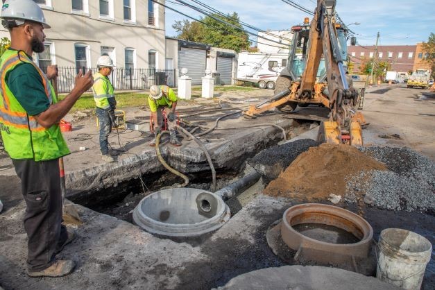 New York City Department of Environmental Protection workers making construction improvements on drainage upgrades in the Jewel Streets neighborhood. Credit: New York City Department of Environmental Protection