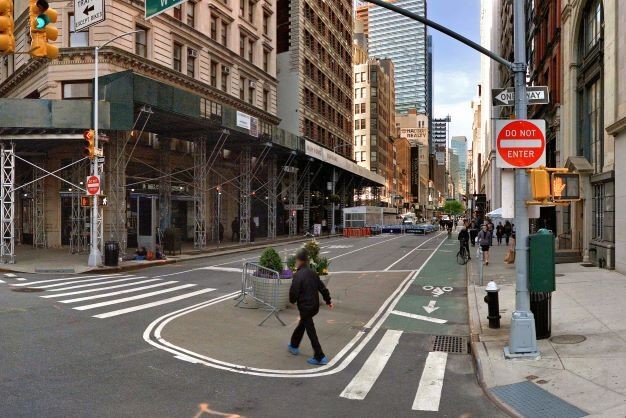 The view north from West 25th Street and Broadway after public space and street safety improvements under the Adams administration’s Broadway Vision plan. Credit: New York City Department of Transportation