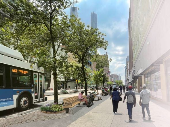 A rendering of Fulton Street under the Adams administration's new plan. Credit: NYC Parks