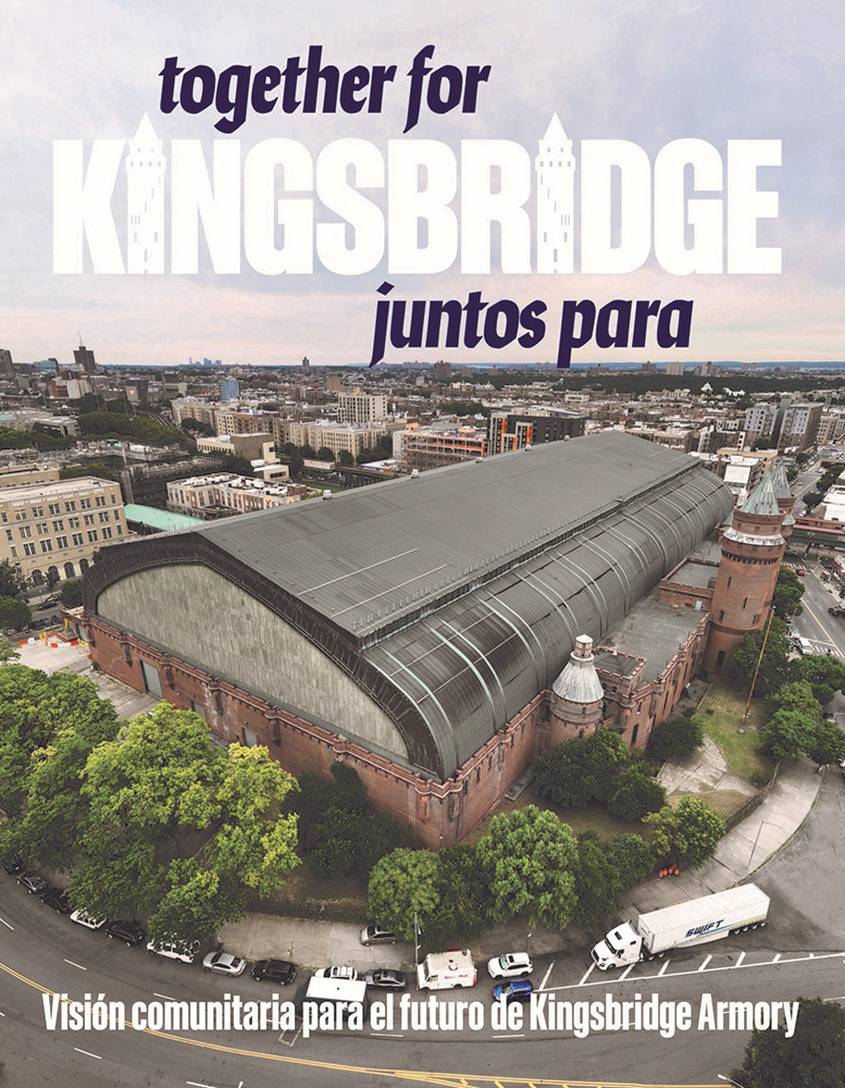 una armería en el centro, el título dice, juntos por Kingsbridge juntos para, y el subtítulo dice, visión comunitaria para el futuro de la armería de Kingsbridge