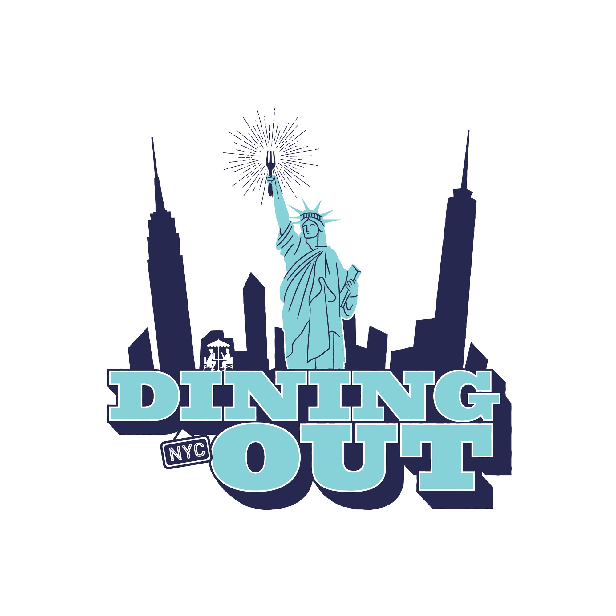 The Dining Out NYC logo - Illustration with the statue of liberty sourrounded by N Y C skyscrapers silhouette, with the wording Dining out N Y C