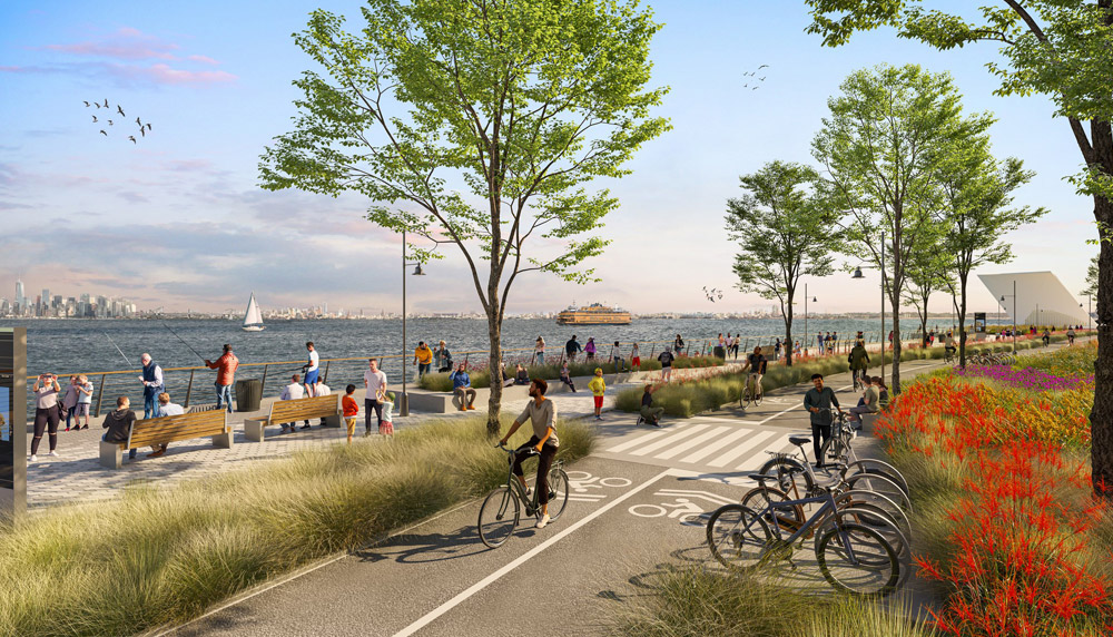 an art rendering of the NYC coastal line in the distance future