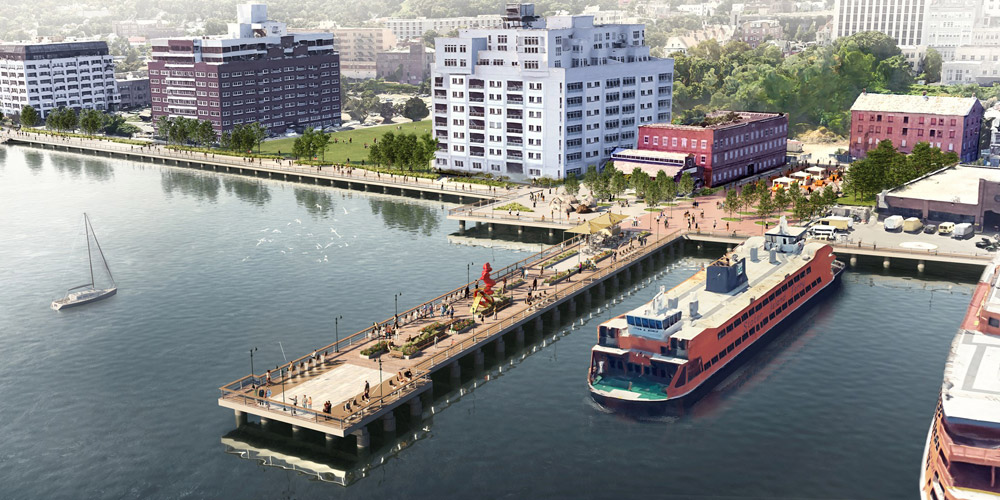 an art rendering of the Pier 1 dock area in the distance future
