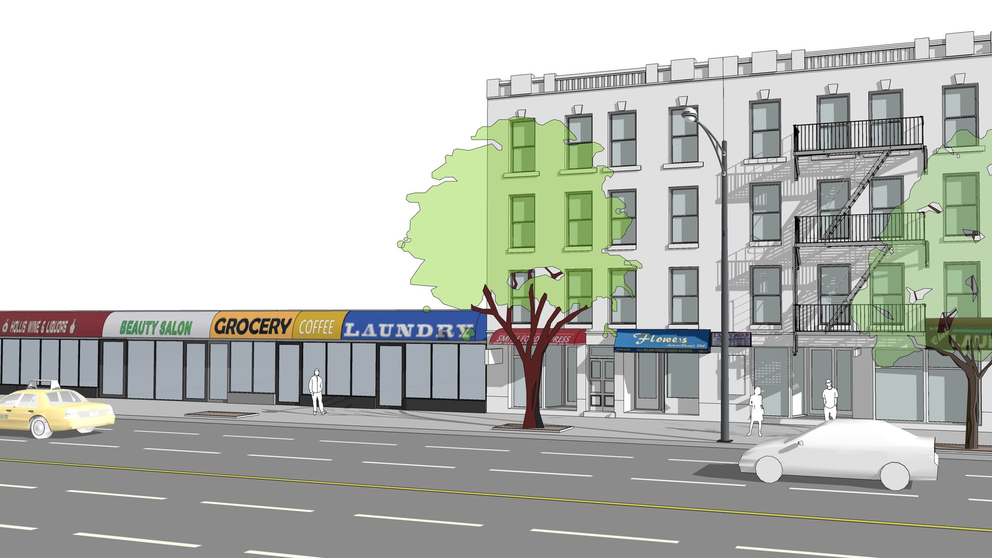 Commercial corridor without (left) and with (right) town center “main streets” zoning. Credit: New York City Department of City Planning