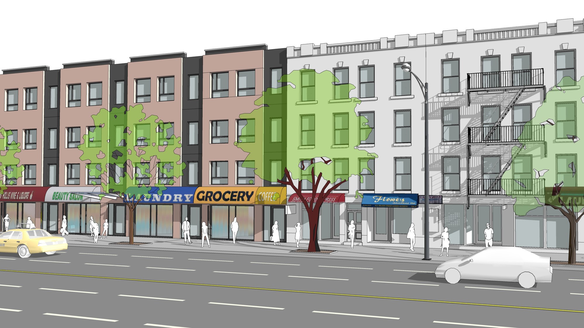 Commercial corridor without (left) and with (right) town center “main streets” zoning. Credit: New York City Department of City Planning