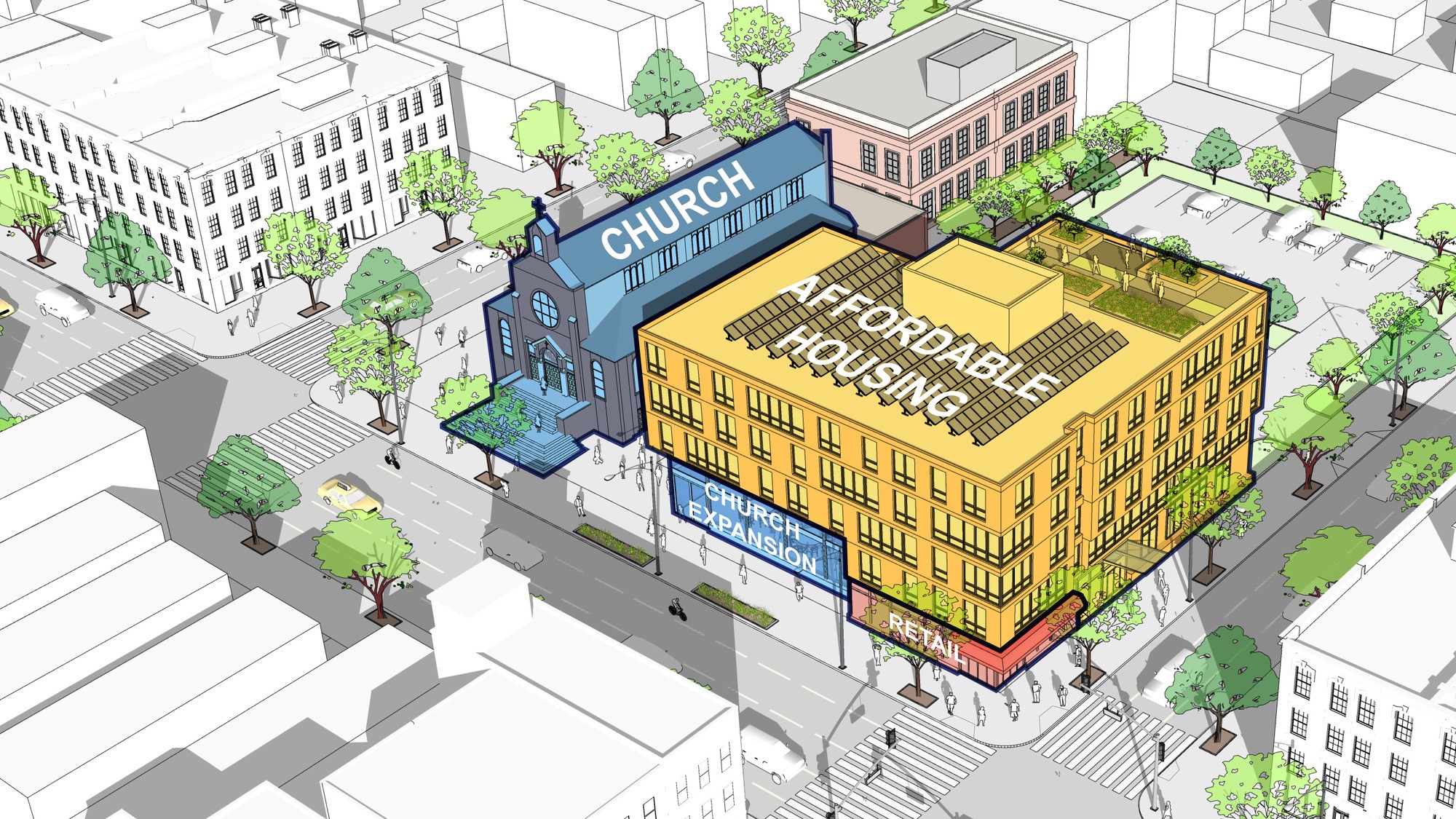 Demonstration of maximizing space on campuses to create new housing and support community revitalization. Credit: New York City Department of City Planning