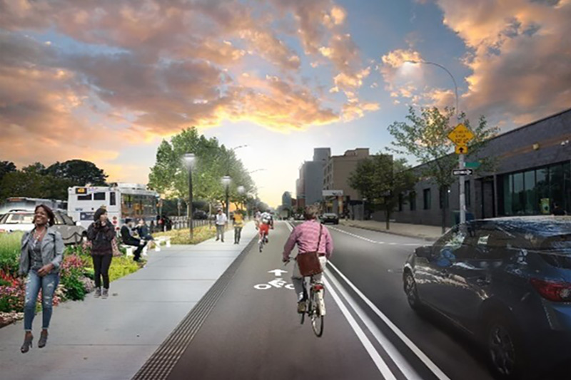 a concept markup graphic with people biking on bikelane, car drive by, and people walking down the sidewalk.
