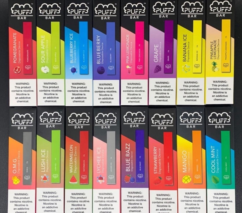 Sample vape sold by defendant Puff BAR, Inc. demonstrating a variety of child-friendly flavors, such as strawberry, pink lemonade, watermelon, and blend called “O.M.G.” Image credit: SRITA database.