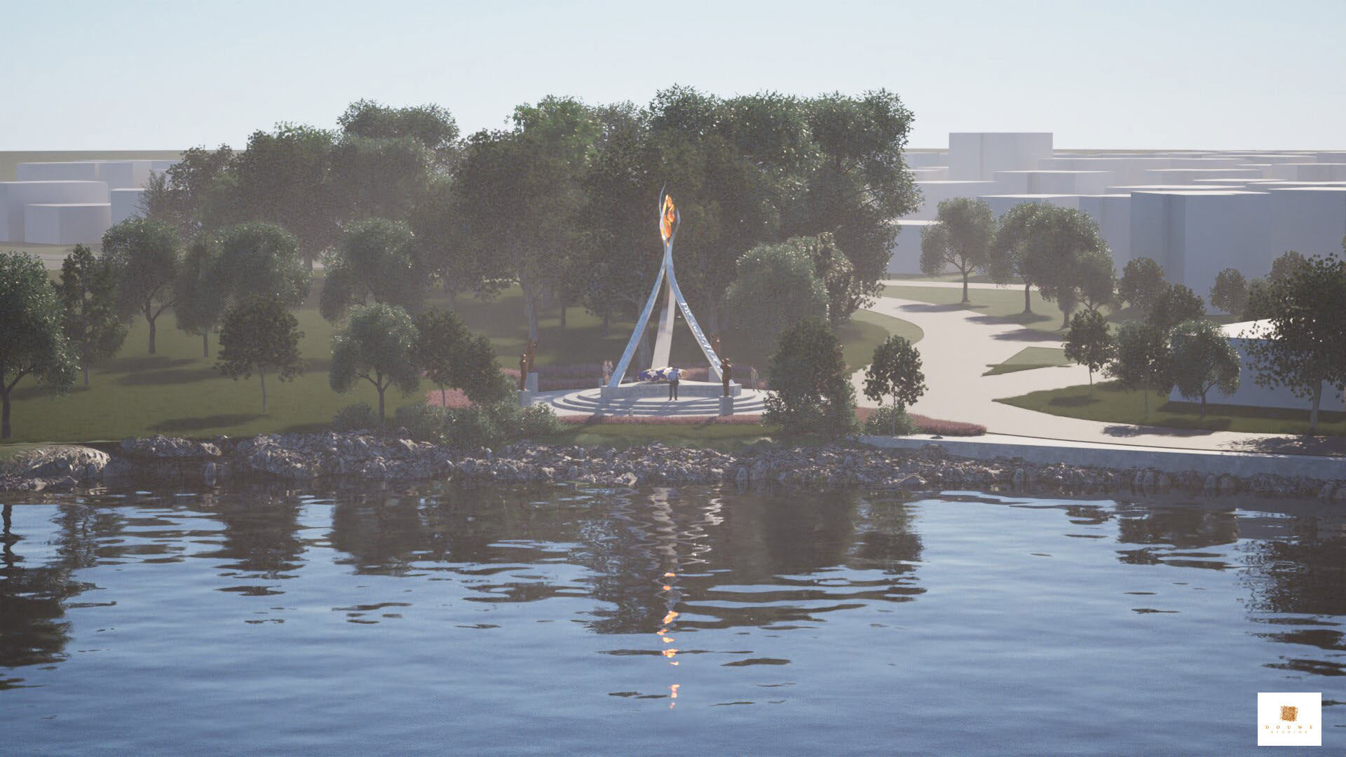 A rendering of the Flames of Honor from another view , a memorial designed by nationally-recognized artist Douwe Blumberg