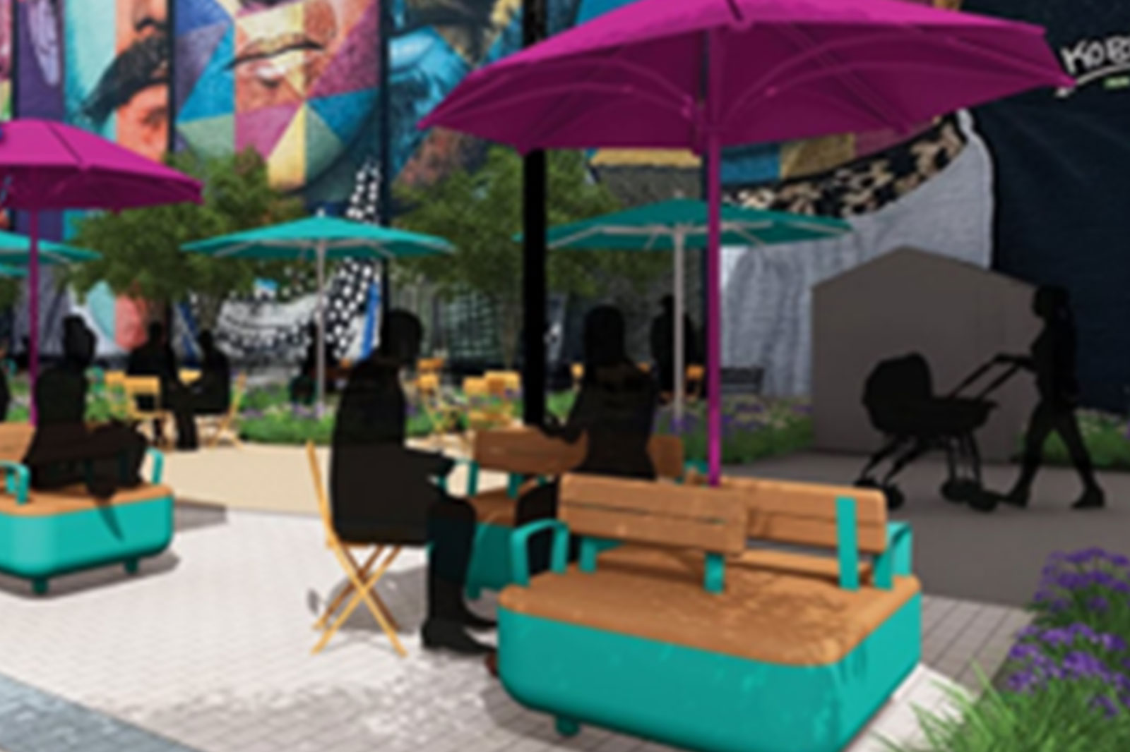 an mockup of the people socializing at Hudson Houston Plaza