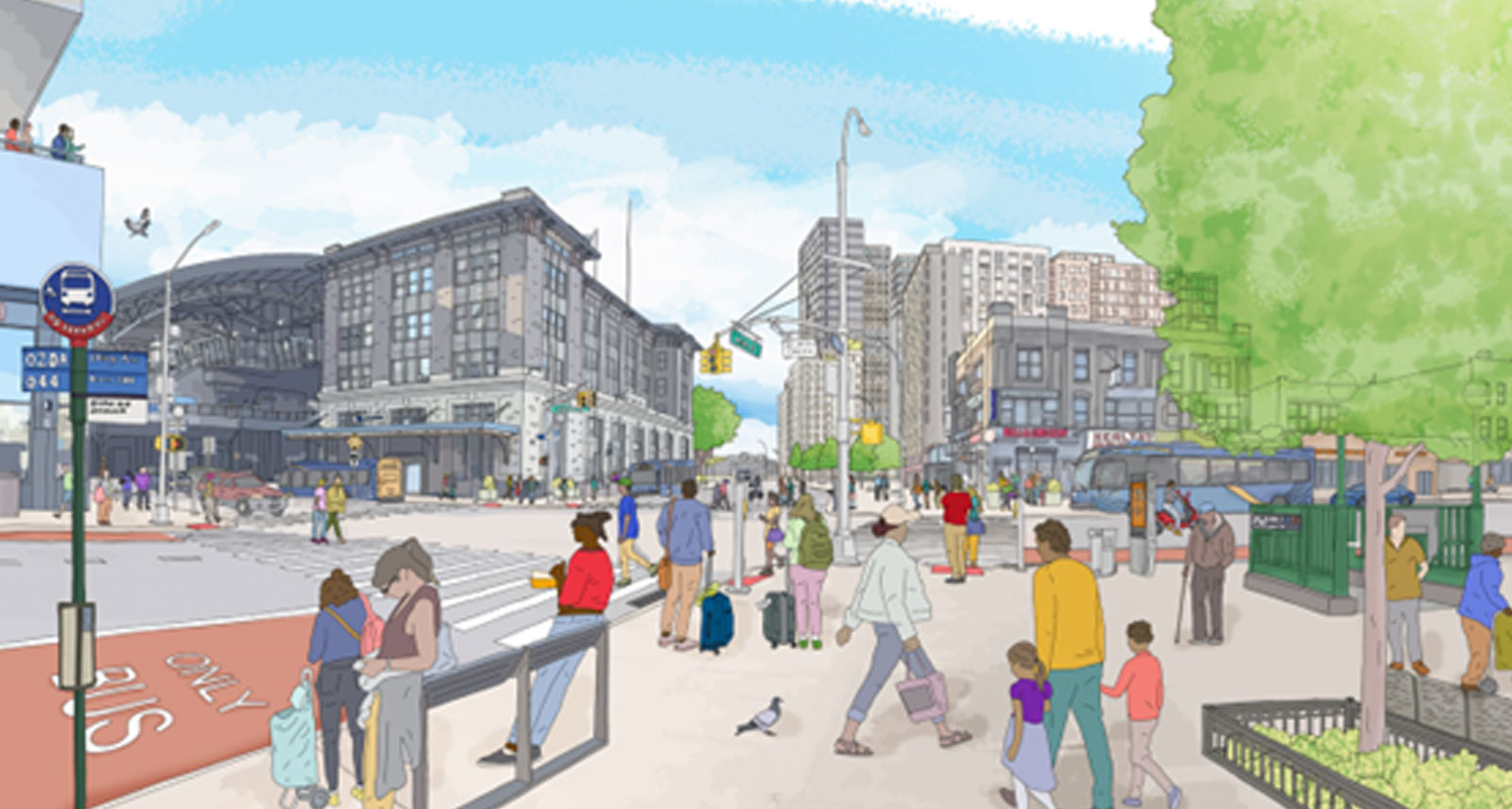 an illustration of people commuting at a intersection.
