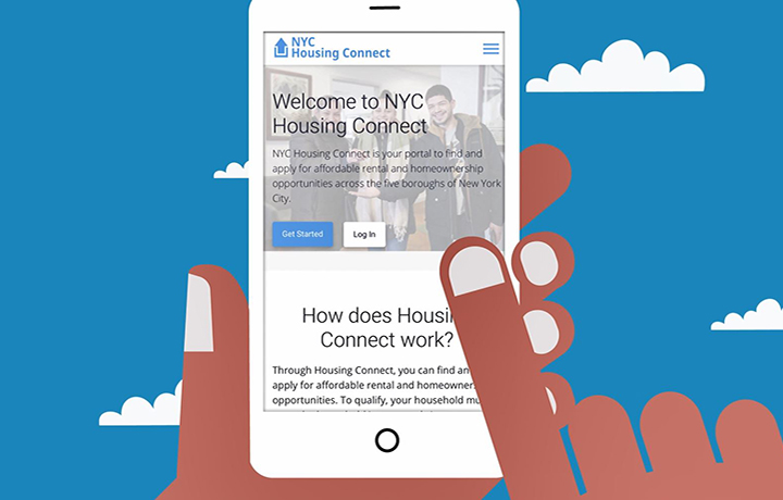 graphic of a hand holding a phone and using the NYC Housing connect website
                                           