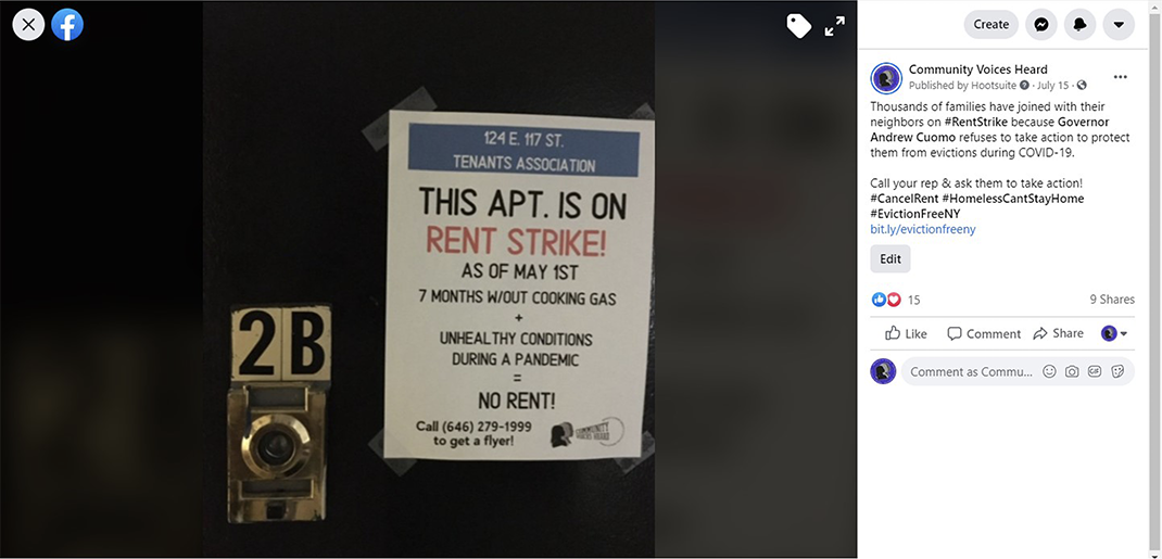 This image displays a sign on an apartment door that reads “This apartment is on rent strike.” 