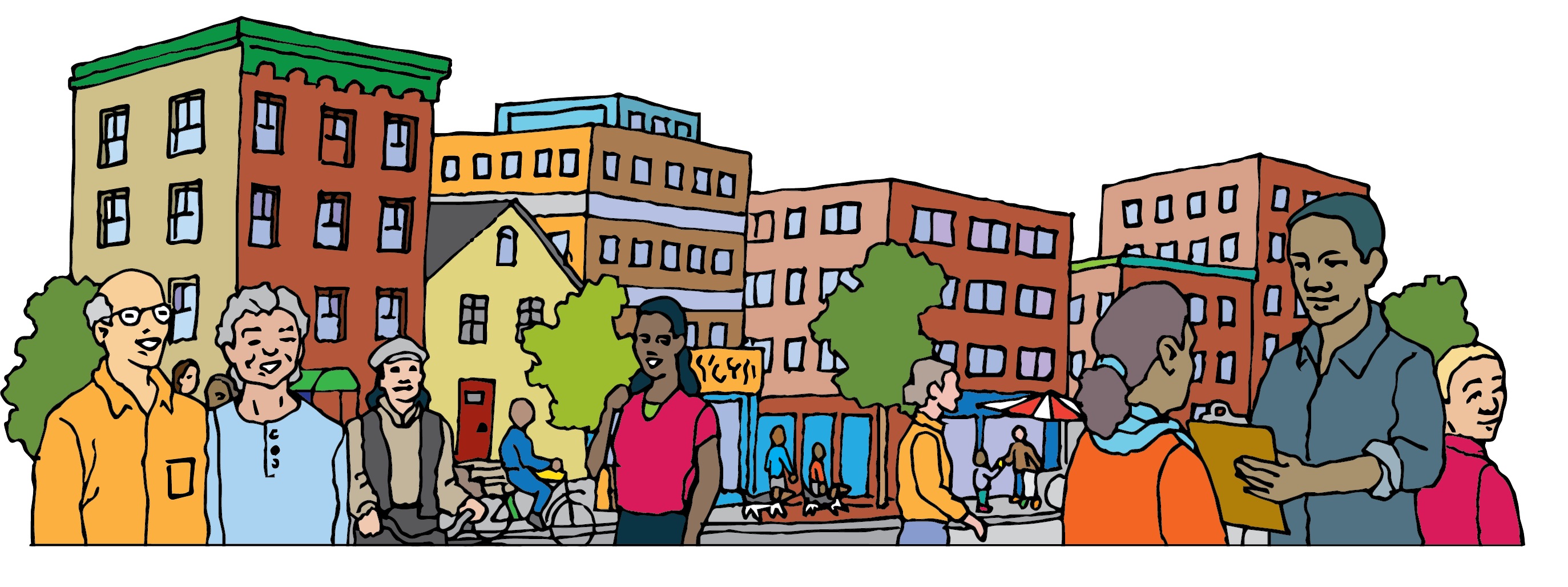 Graphic of diverse neighbors and a row of small homes behind them.