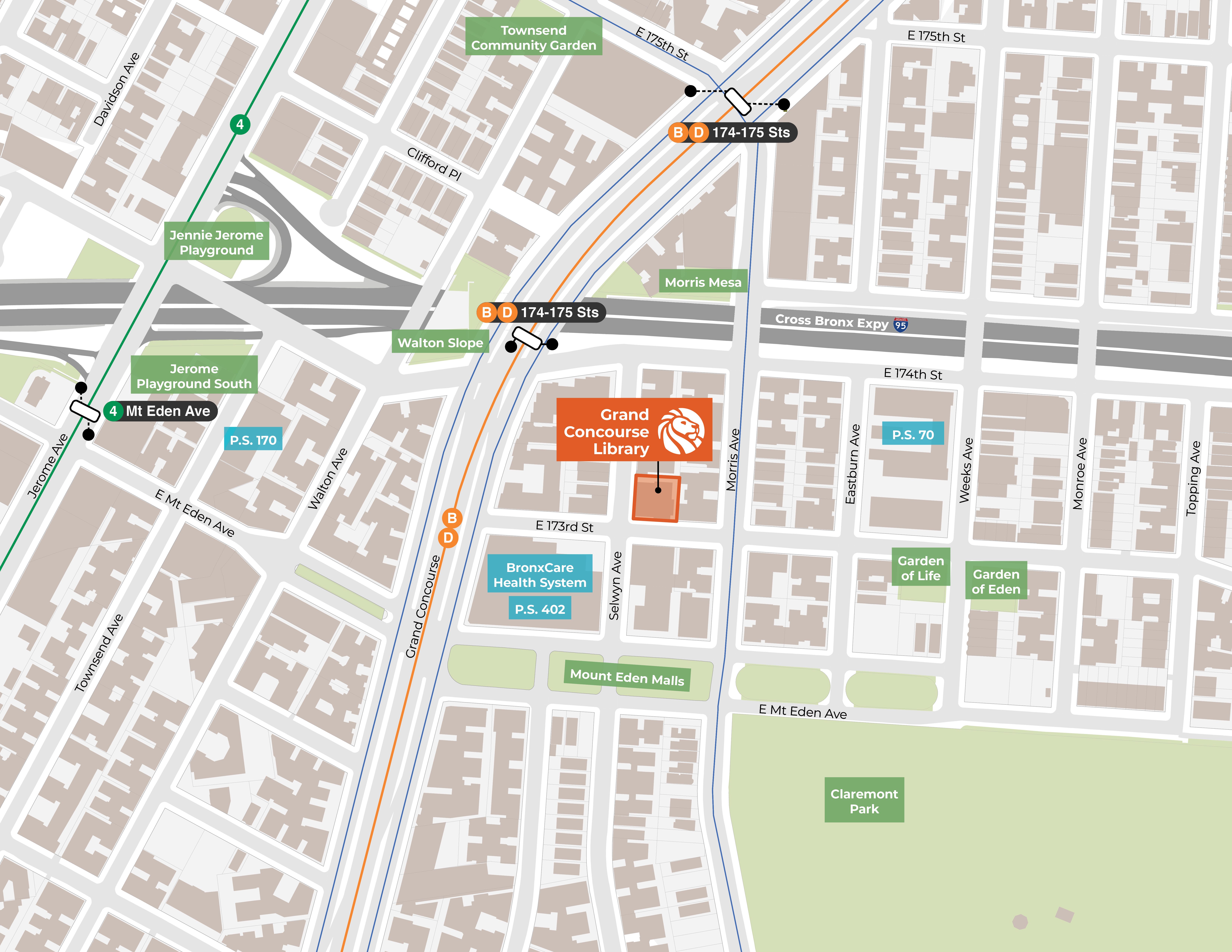 Map of the location of the Grand Concourse Library