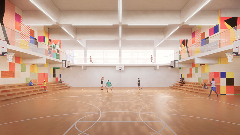 Rendering of the public recreation center's full court, high school regulation size gym