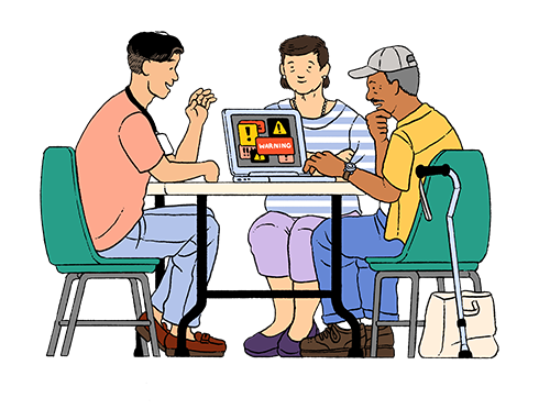 An older Hispanic man and an older Asian woman are sitting at a table with a young Asian male digital navigator who is helping them deal with viruses on a laptop.