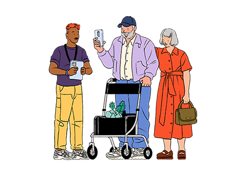 A young Hispanic male digital navigator holds a tablet while helped an older White man with a walker and an older White woman use their smartphone.