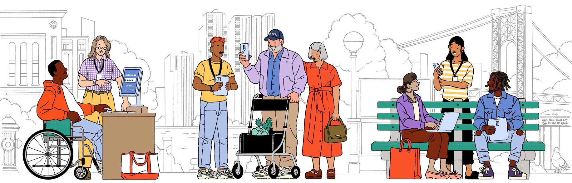 Various New Yorkers of different ages, races, and ethnicities are using technology in different indoors and outdoors environments throughout the city.