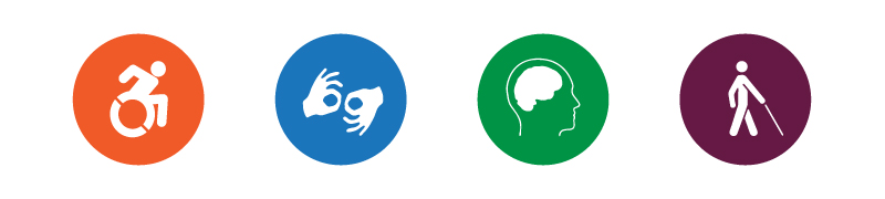 Four disability access icons. A person sitting in a wheelchair, two hands signing, a brain, and a person walking with a cane