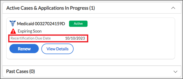 Access HRA Medicaid renewal page with the 'Recertification due date' circled in red