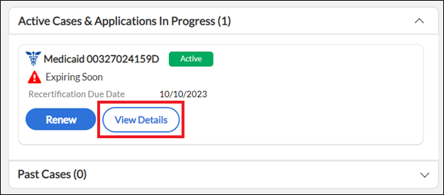 Access HRA Medicaid renewal page with the 'View details' button circled in red