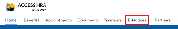 Access HRA top navigation with 'E-Notices' circled in red