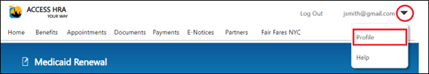 Access HRA Medicaid renewal page with the 'Profile' dropdown circled in red