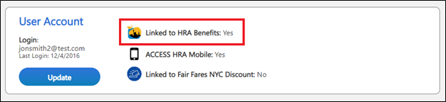 Access HRA User Account page with 'Linked to HRA Benefits: Yes' circled in red