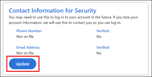 Access HRA User Account page with 'Update' circled in red in the Contact Information for Security section
