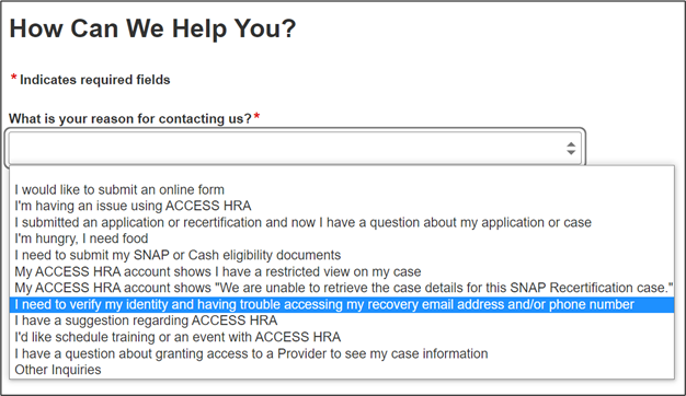 Image of the 'How can we help you?' dropdown on the Access HRA page with 'I need to verify my identity and having trouble accessing my recovery email address and/or phone number' selected