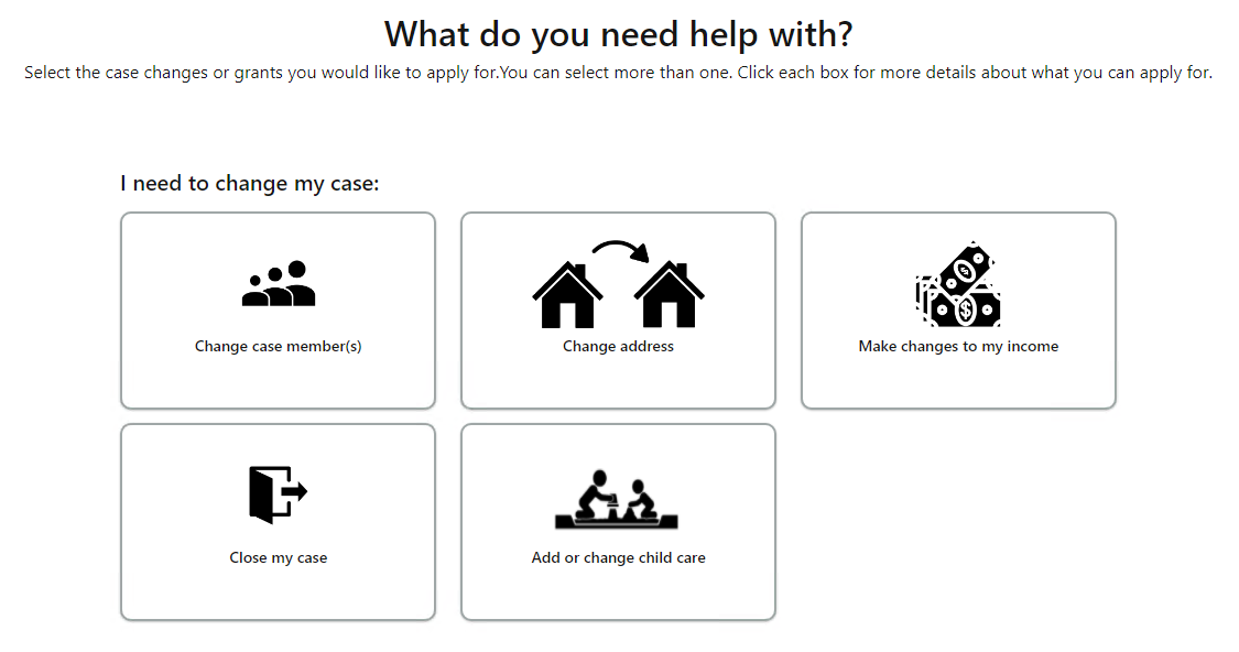 A screenshot of the ACCESS HRA webpage that shows the “What do you need help with?” section describing how to add or change a request for child care on the Cash Assistance Case Change or Emergency Grant online request form flow.