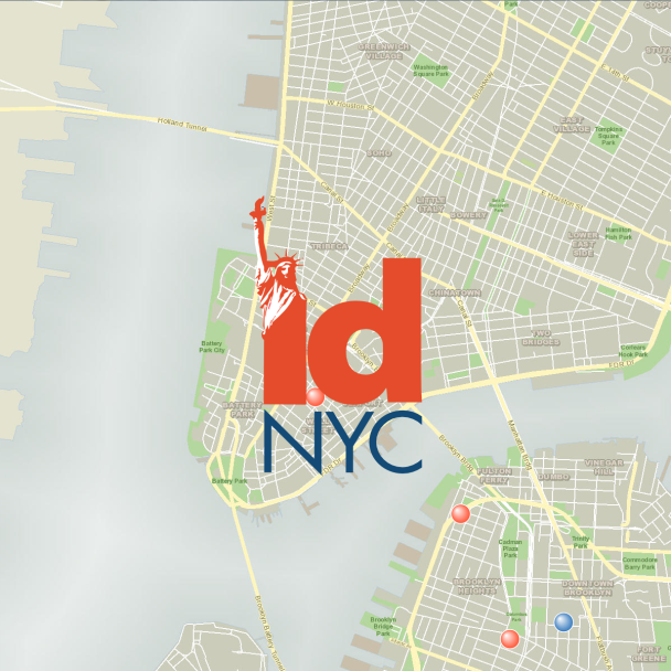 Map with an IDNYC logo overlay